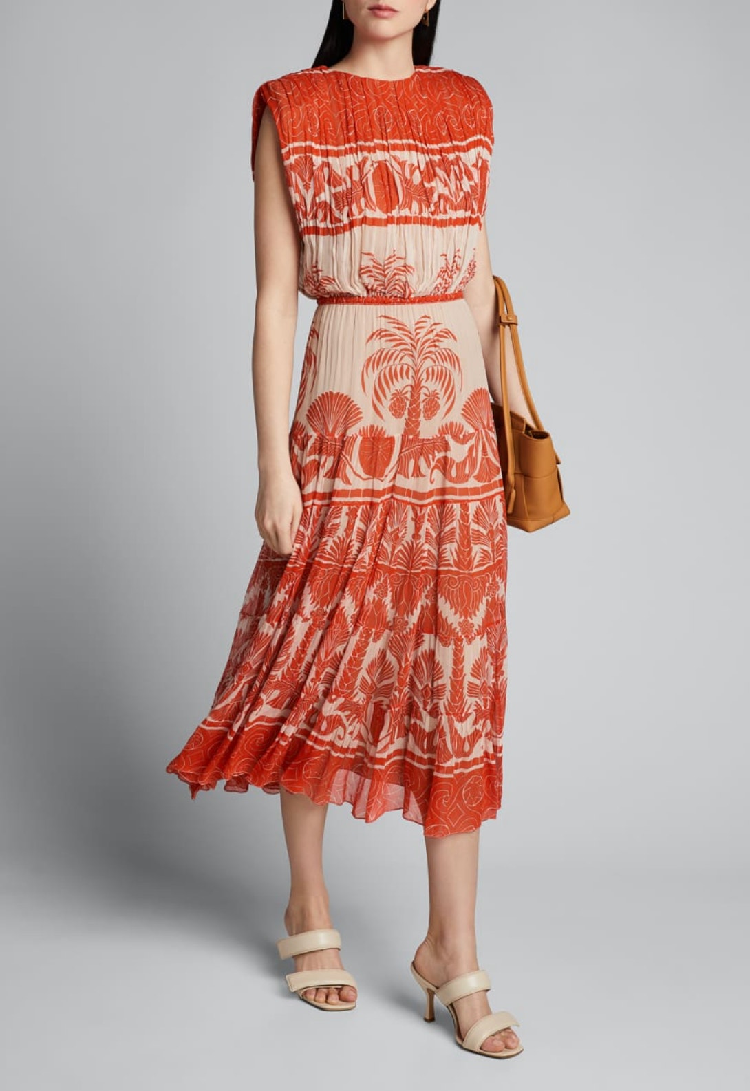 Johanna Ortiz Cordillera Midi Dress Womens 12 Orange Cream Pleated Blouson